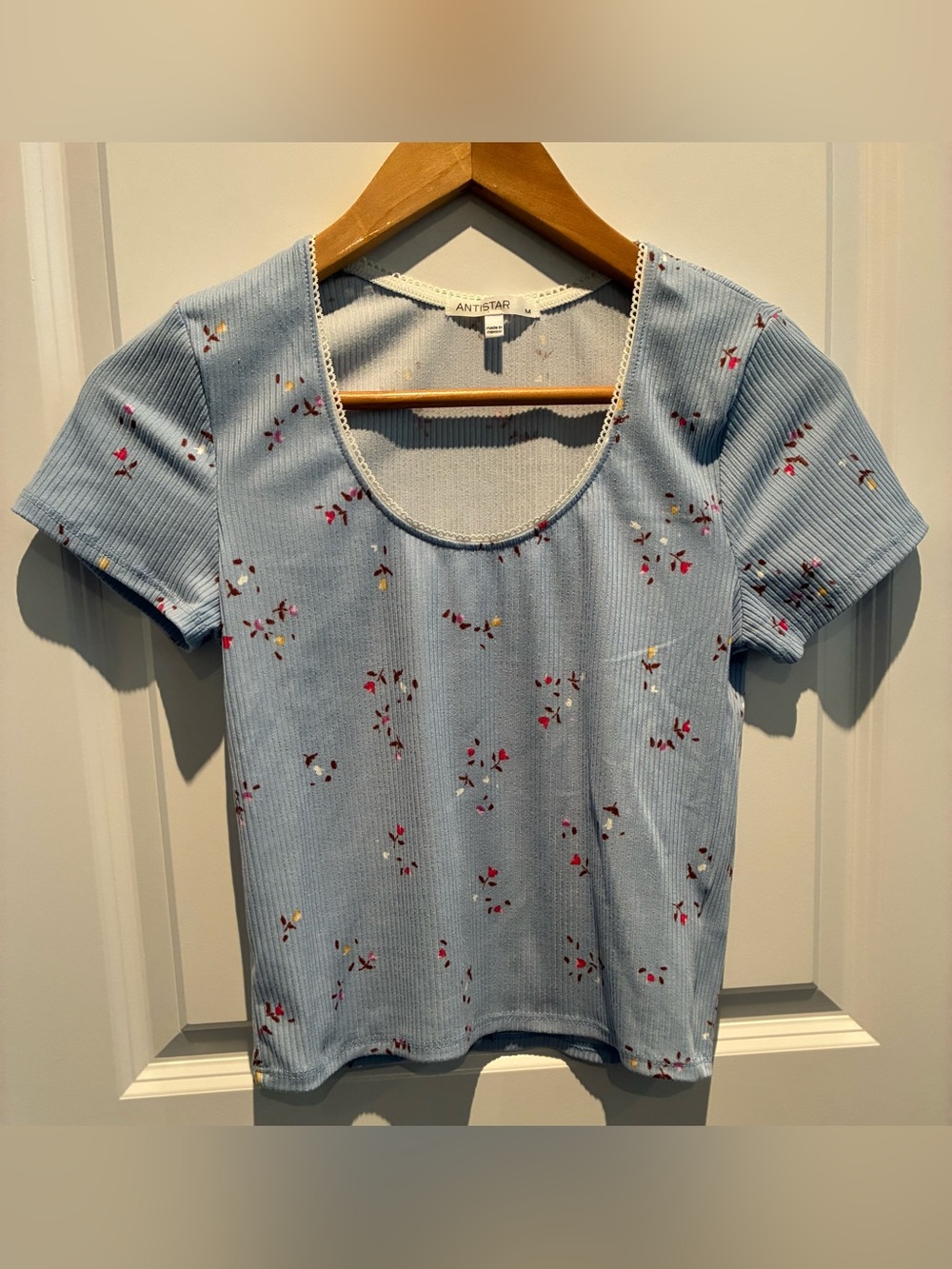 Antistar Y2K Blue Ribbed Floral Top